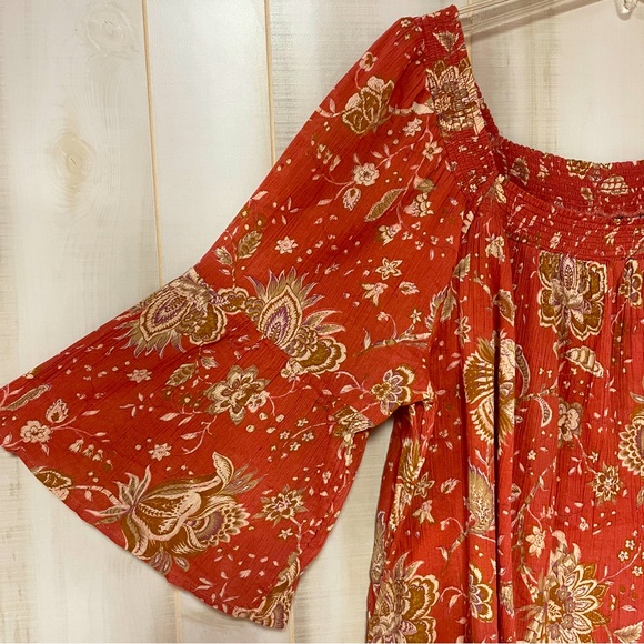 Chaps Orange Beige Floral Cotton Square Neck Bell Sleeve Top Sz 1X - Picture 6 of 6